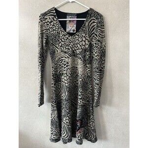 Desigual Mixed Animal Print Cheetah Zebra V Neck Long Sleeve A Line Dress S